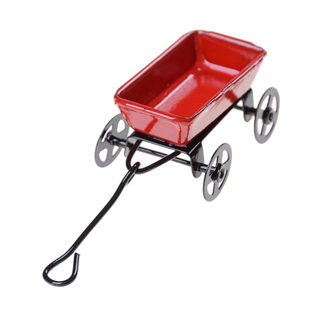 1:12 Mini Cute Dollhouse Miniature Metal Red Small Pulling Cart Garden Miniature Furniture Accessories