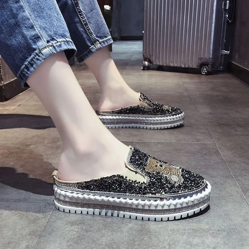 Baotou Half Drag Spring New Round Head Mid-mouth Rhinestone Lazy Shoes Fashion Sequin Flip-flops