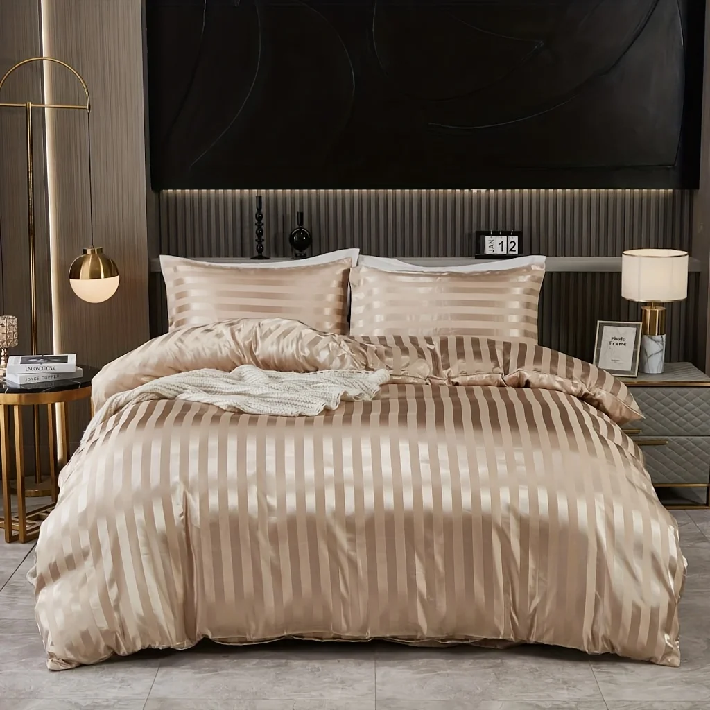 3 pieces of simple and classic satin striped duvet cover set, suitable for bedrooms, dormitories and hotels, holiday gifts