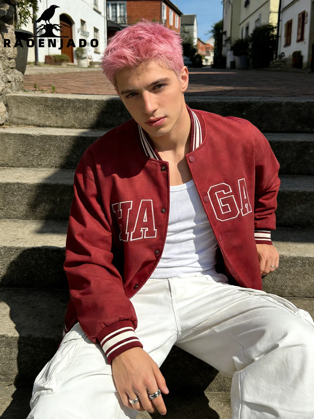 

Men's Matte Faux Leather Jacket Retro Racing Red Varsity Coat Fine Embroidery Motorcycle Outerwear Unisex Streetswear for Casual