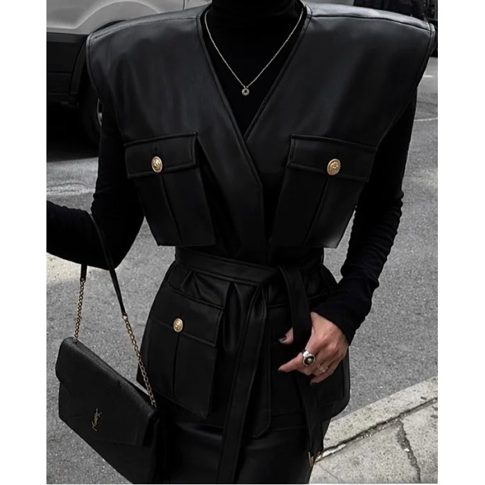 Black Leather Vest Fashionable Casual Style Korean Trendy New 2026 Women's Sleeveless Jacket V-Neck Regular Fit Washed Leather