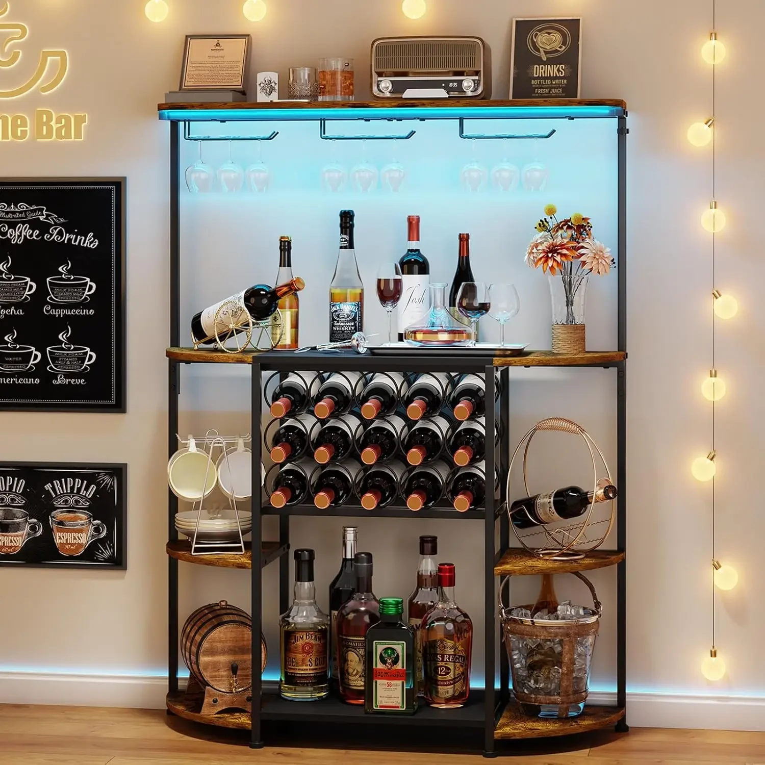 

Bestseller4-Tier Wine Rack with LED Lights, Home Mini Bar Table with 15 Bottles and Glass Holder, Freestanding Liquor Cabinet St