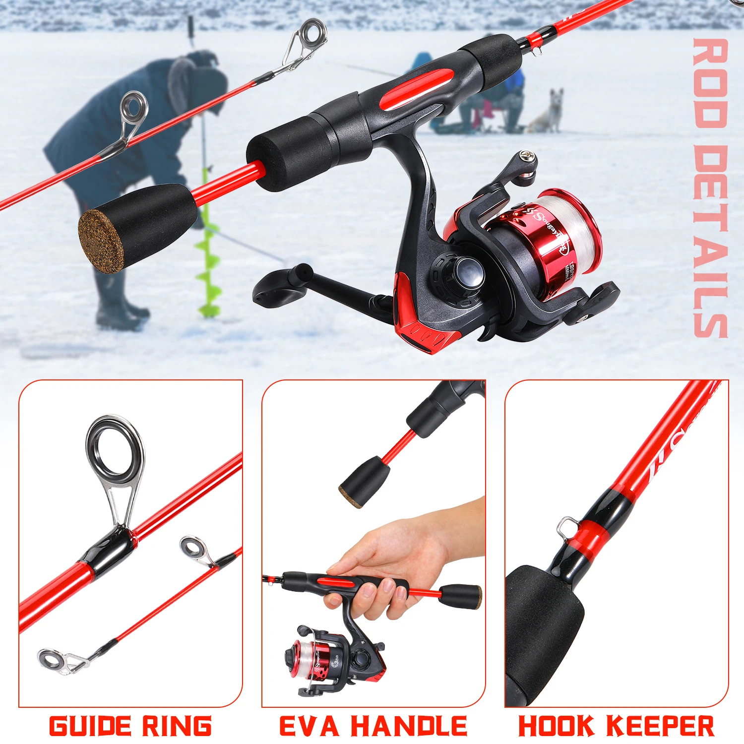 Sougayilang pêche sur glace Combo 68 cm 2 sections EVA poignée canne à pêche sur glace avec 5.2:1 3BB moulinet de pêche traînée maximale 5 kg Kit de pêche