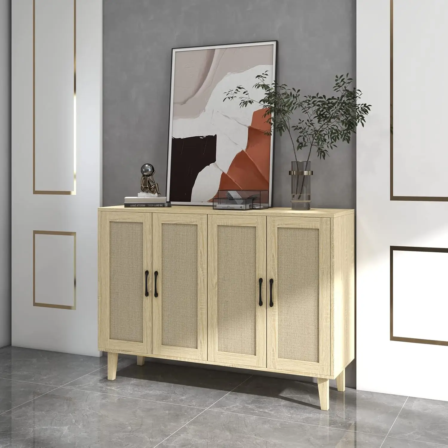 Panana Buffet Storage Cabinet with Rattan Decorating 4 Doors Living Room Kitchen Sideboard  Cabinets