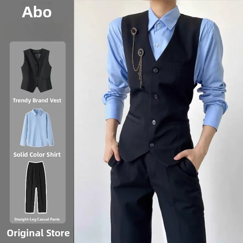 

Черный приталенный жилет-костюм унисекс, модный комплект для ношения под одеждой, премиум-класс, мужской и женский, с длинными брюками и жилетом без рукавов