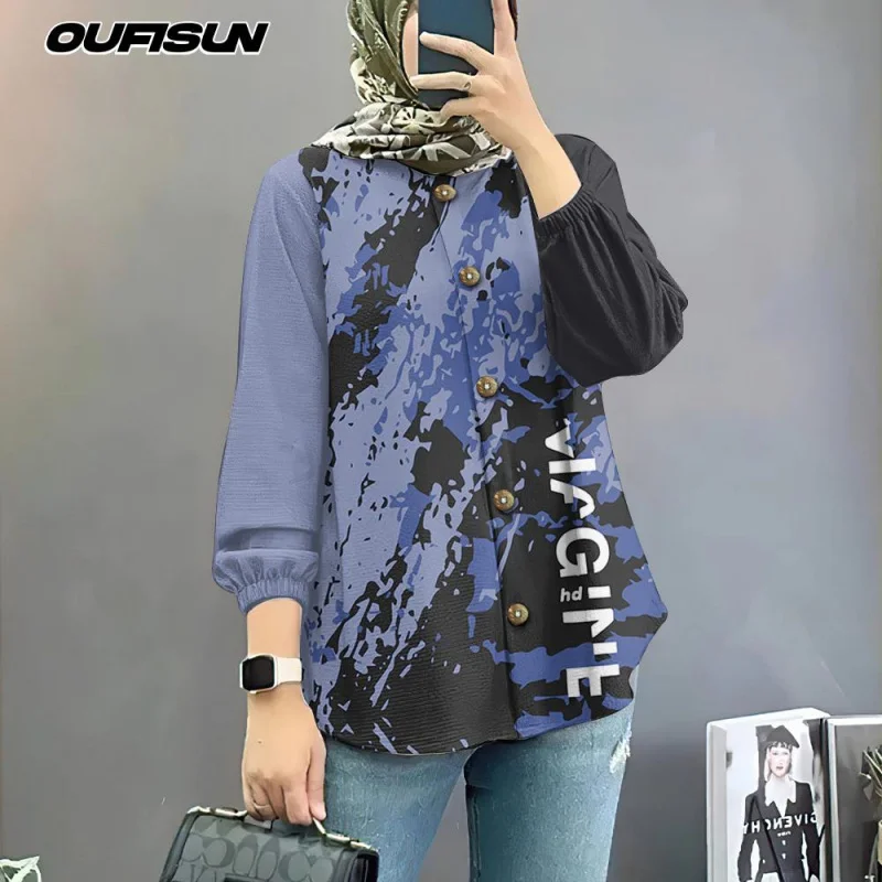 Muslimah Blouse Styles Vintage Loose Women's Shirts Long Sleeve Shirt Plus Sizes Muslimah Shirts 2025 Clothing Women