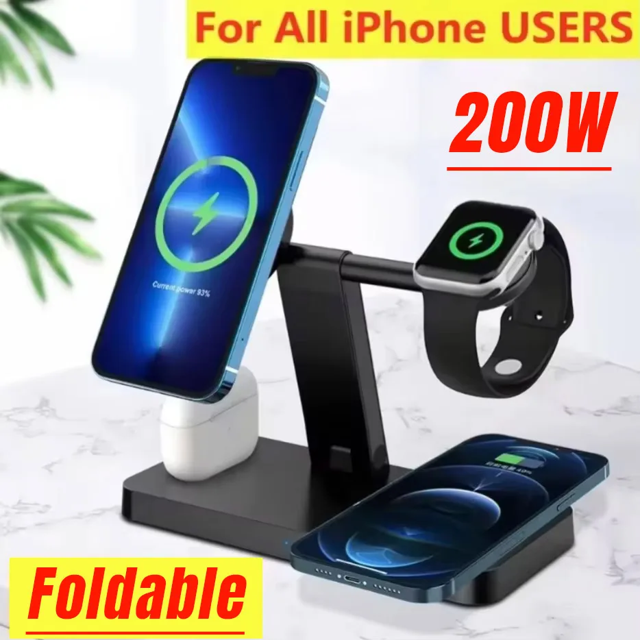 200W 4 In 1 Wireless Charger Stand Induction Super Fast Charging For Magsafe iPhone 16 15 14 13 Pro 