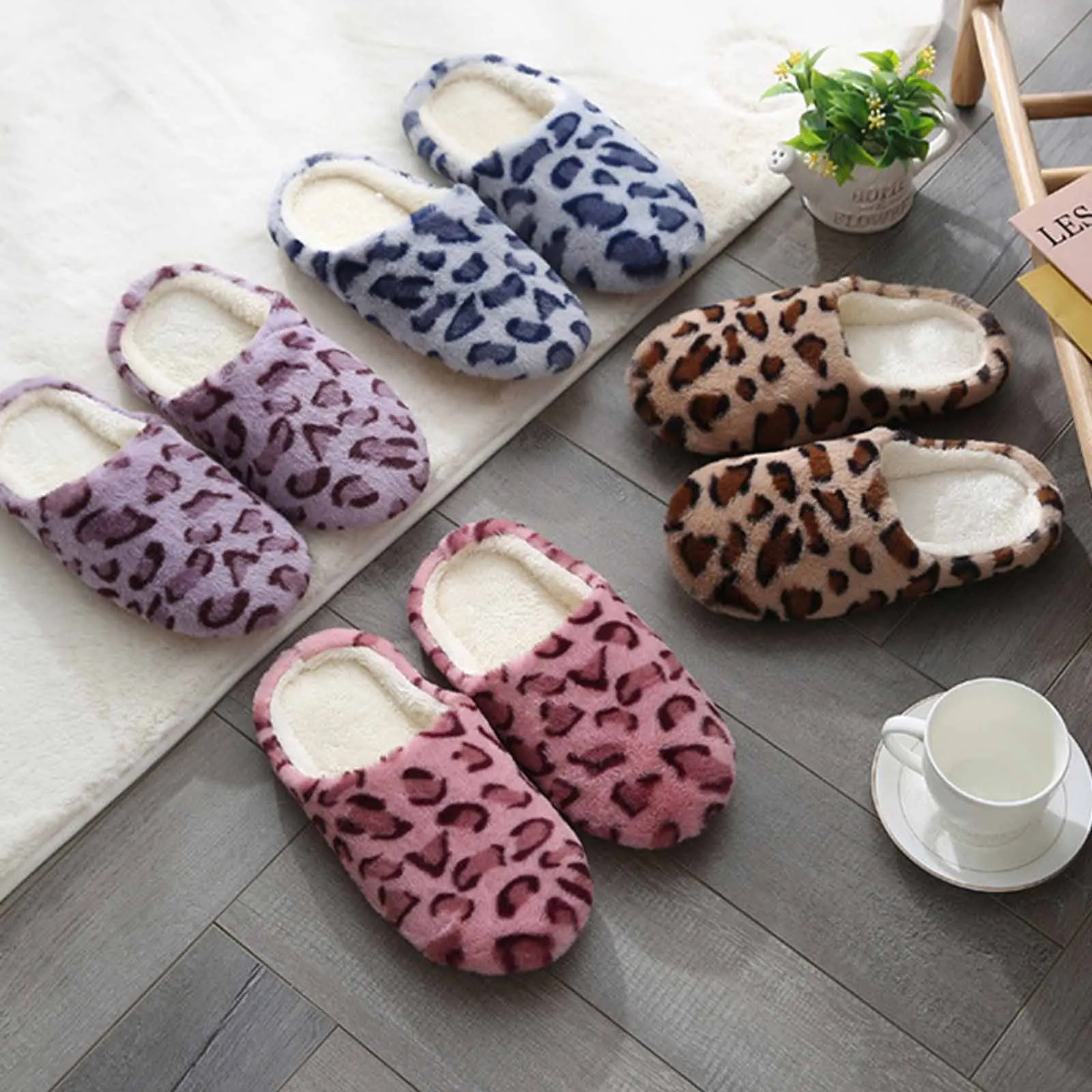 Leopard Women Winter Home Fur Slippers Non-Slip Soft Warm House Indoor Bedroom Men Couples Boys Girl Memory Foam Floor Shoes