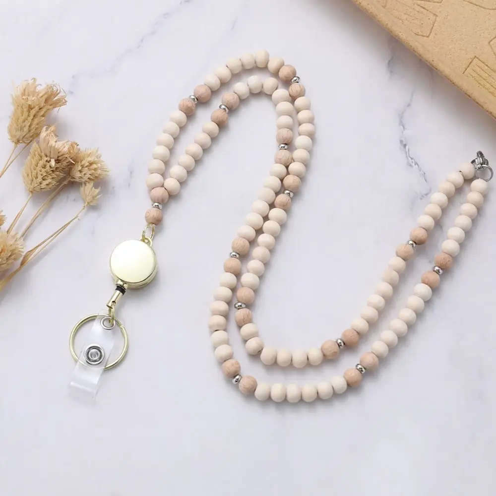 Retractable ID Badge Holder Lanyard Stainless Steel Clasp Natural Wood Bead Boho Keychain Necklace Multi-Functional