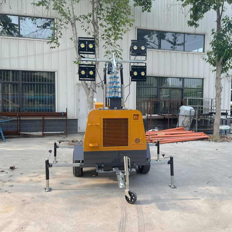 5m-7m Hydraulic Lift Emergency Light Tower Diesel Powered Genset White Emitting LED Lamp Trailer Portable Flood Light Plant