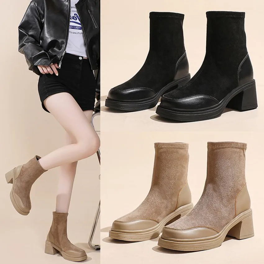 

2023 Autumn Boots Women Shoes Woman Boots Fashion Round toe Ankle Boots Winter Elastic Black Boots Comfortable Botas 34-39