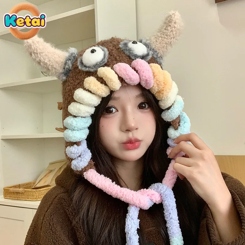 Cappelli di peluche da donna per l'inverno all'aperto, calore e protezione per le orecchie, cappelli Lei Feng, pullover astratti dei cartoni animati, cappelli da pescatore