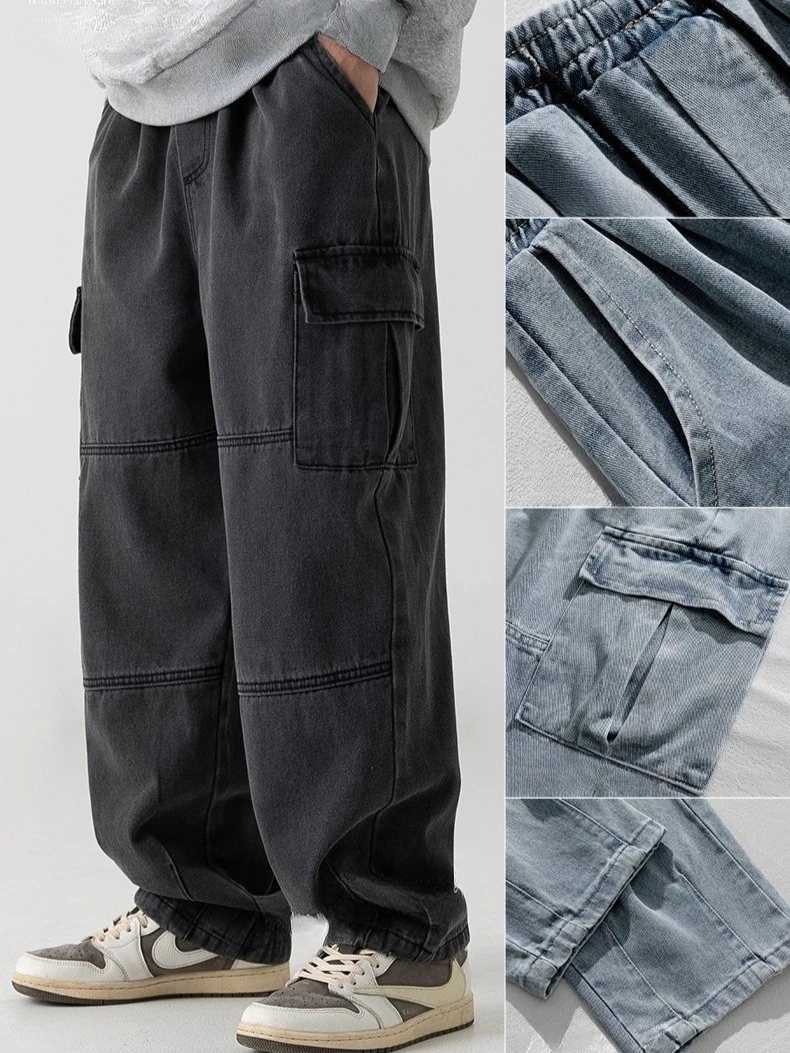 

2025 New Men's Patchwork Jeans - Utility Pockets Washed Denim Pleated Detail Japanese Wide Leg Trousers Spring M-XXXL
