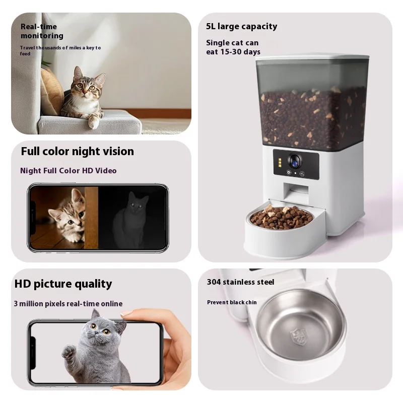 5L Automatic Cat Feeder With 1080p Camera Video WiFi Cat Food Dispenser Pet Smart Voice Recorder Remote Control Pet Auto Feeder