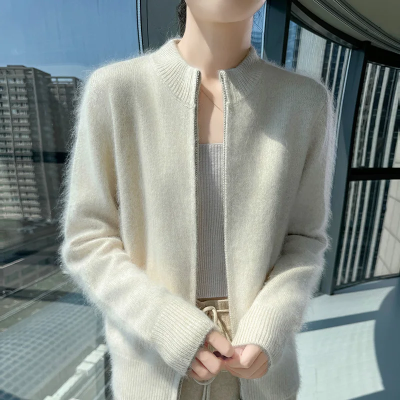 

Осенне-зимний кардиган на молнии из норковой шерсти с длинными рукавами, женское однотонное свободное шерстяное вязаное пальто, топ