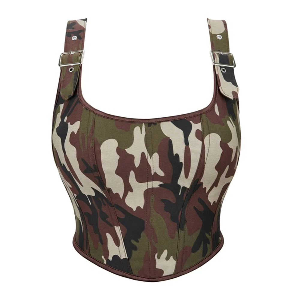 Women Corsets Crop Tops Vintage Streetwear Pink Camouflage Shoulder Strap Overbust Bustier Sexy Lace-up Short Camis Lingerie