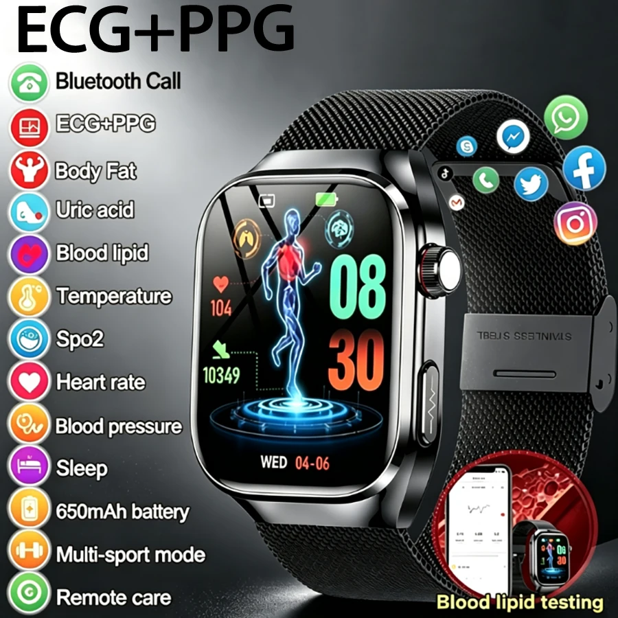 2026 New Nursing Grade Uric Acid Blood Lipids Smart Watch Men ECG+PPG Blood Pressure Heart Rate Bluetooth Call Health Smartwatch