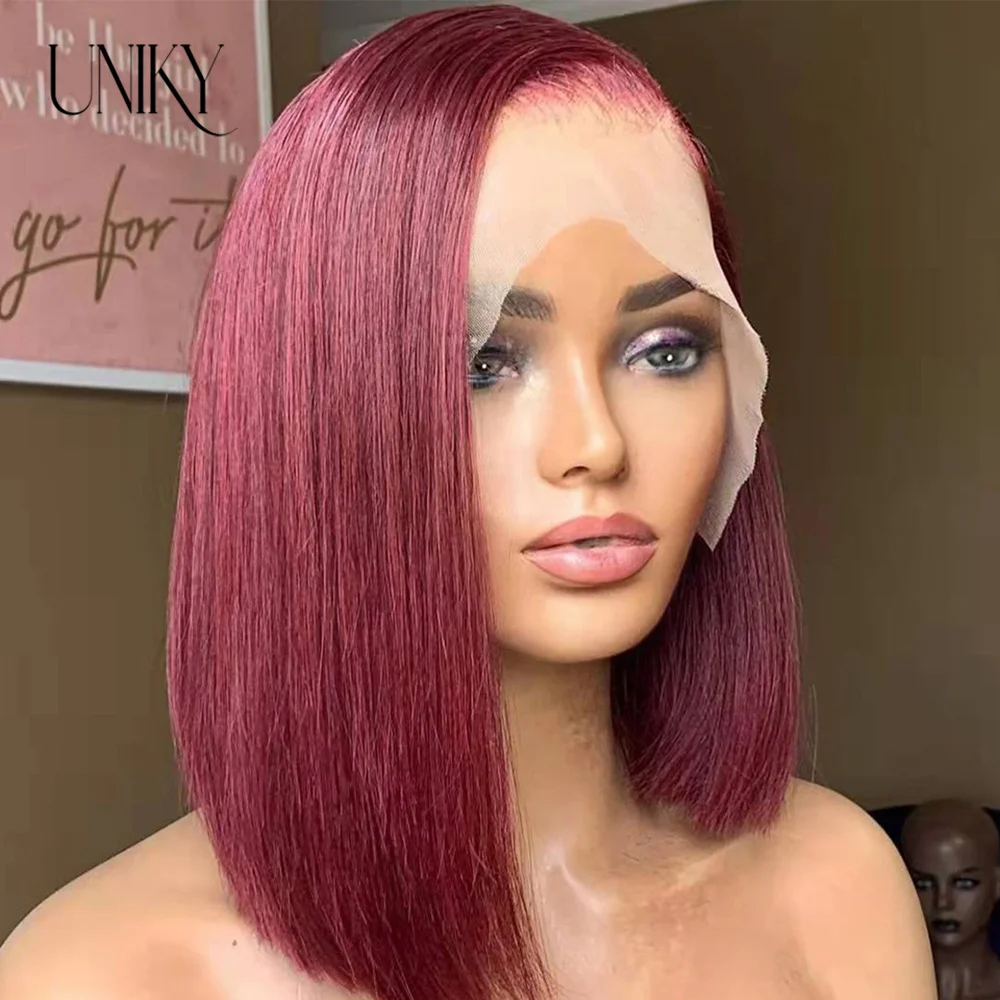 Short Bob 13x4 Lace Front Wig 1B 99J Straight Burgundy Human Hair Wig Brazilian Remy Ombre Wine Red 180% Pre Plucked For Women