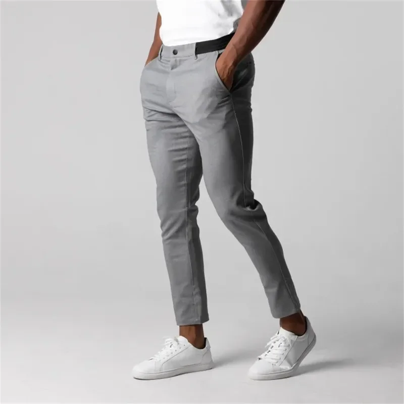 Solid Color Fashion Men's Pants England Style Calf Pants High Elastic Business Versatile Slim Trousers Male Casual Formal Pants