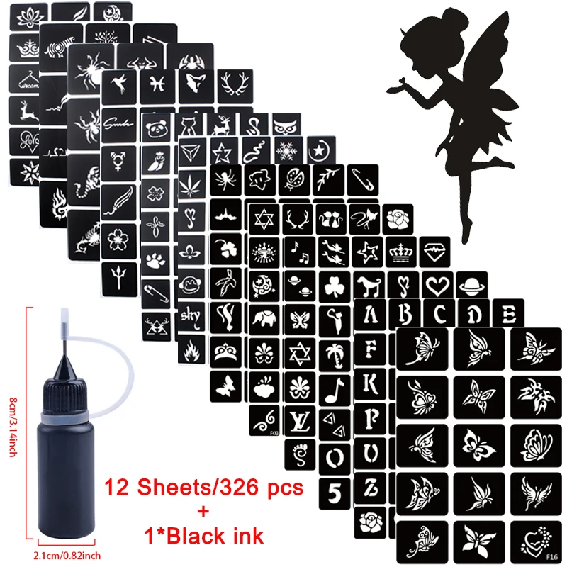 

326pcs 10ml Ink + 12 Sheets Small Airbrush Tattoo Stencils For Women Kids Drawing Template Henna Tattoo Stencil for Party