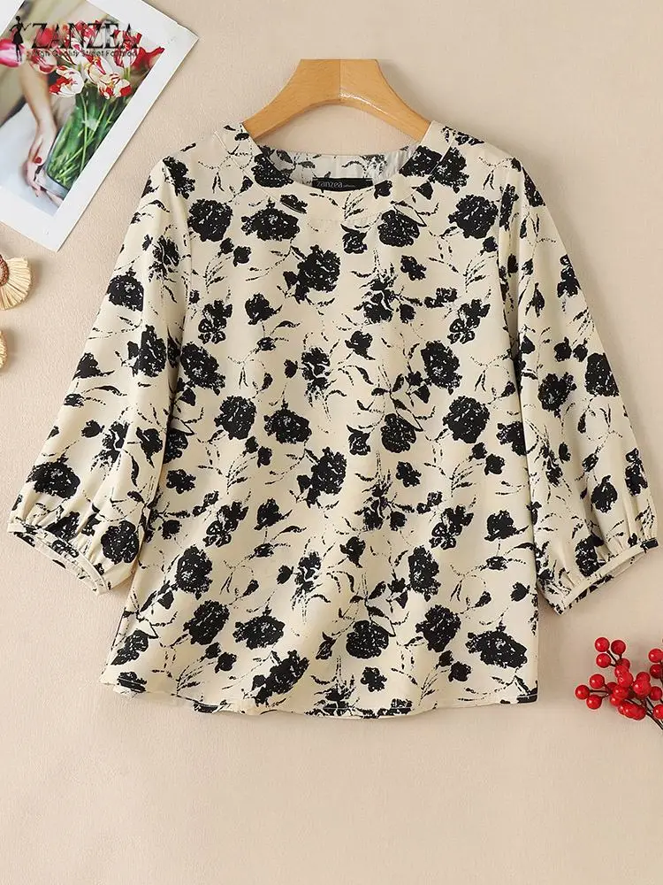 ZANZEA Women Vintage Floral Printed Blouse Summer Casual Shirt Autumn Fashion O Neck 3/4 Sleeve Tops Tunic Casual Loose Blusas