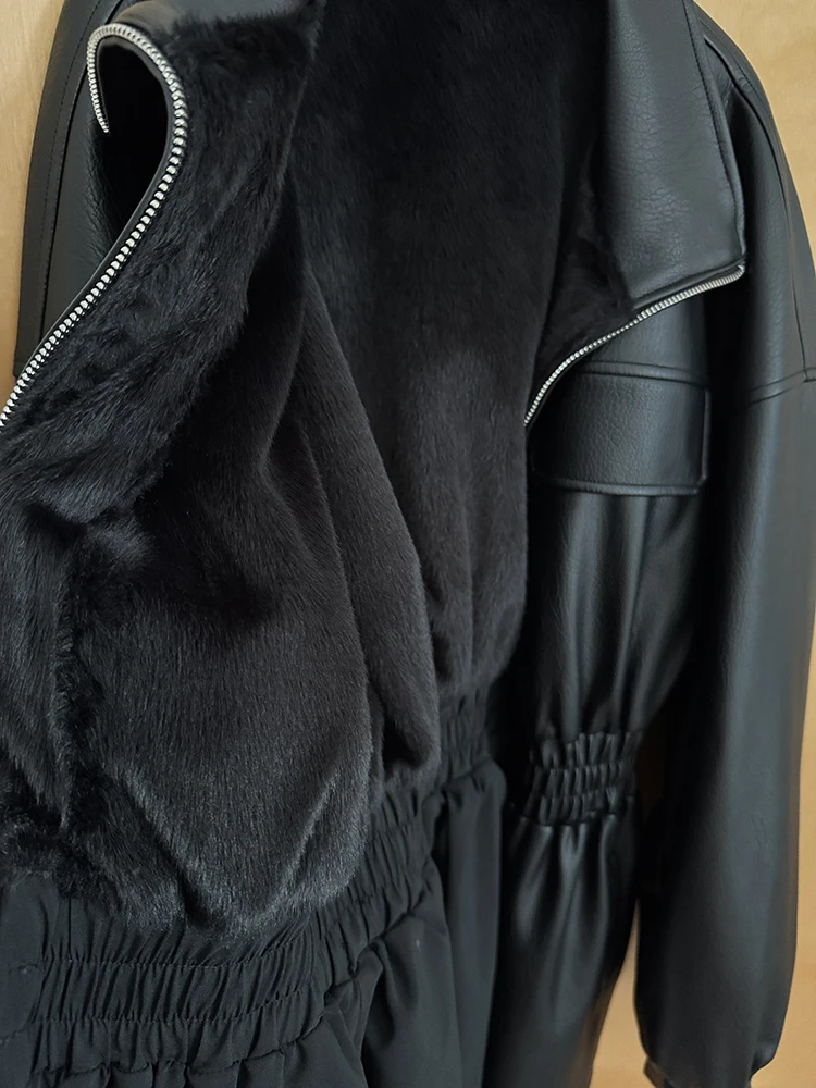 Cool Sle Thiened Winter Leren Jaet Dames Lange Sve Jas Opstaande Kraag Taille Naar binnen Winddicht Warm Bont Binnenkant