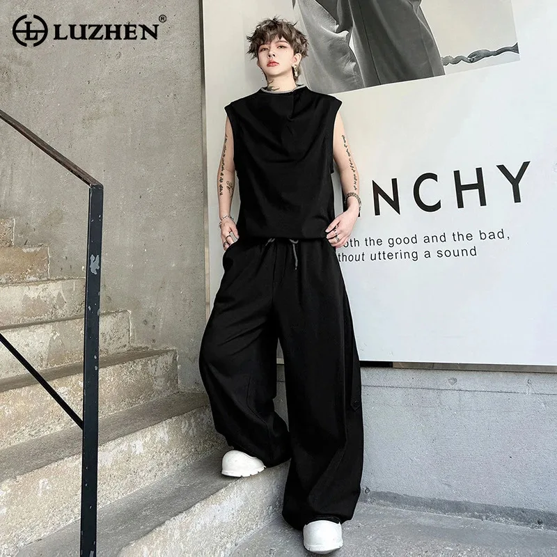 

LUZHEN 2026 Summer Solid Color Two-piece Sets Original Street Loose Straight Casual Pants Men's Trendy Sleeveless T-shirt JY6339