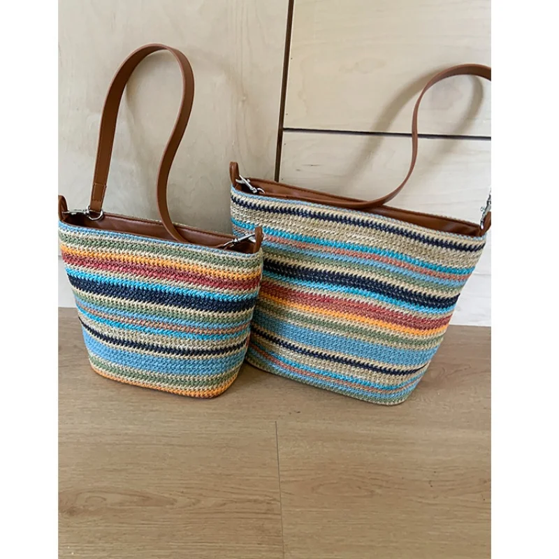 

2026 New Woven Shoulder Tote Bag, With Striped Detail & Adjustable Strap, Multi-Size Options Available