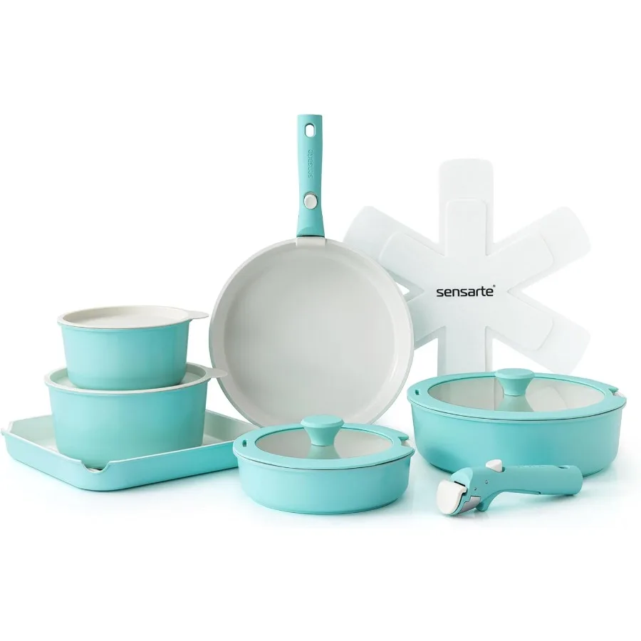 

17Piece Ceramic Cookware Set with Nonstick Surface and Detachable Handles for Induction Stovetops Oven and Dishwasher Safe Idea