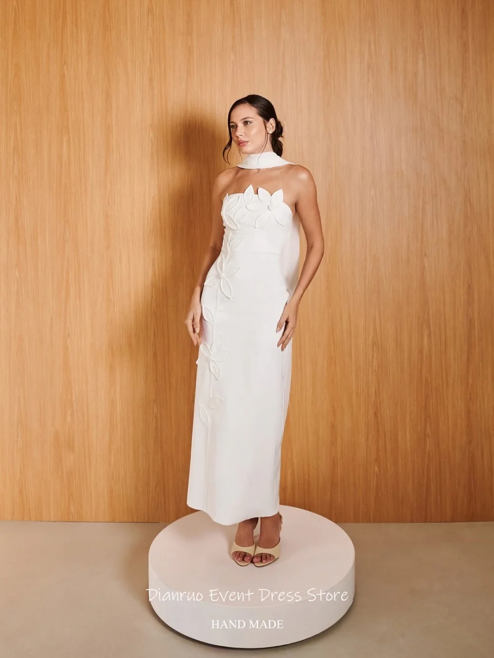 Dianruo Graceful Strapless Satin Wedding Dress 3D Flower Vestido De Noiva Ribbons Straight Civil Evening Dresses Customized