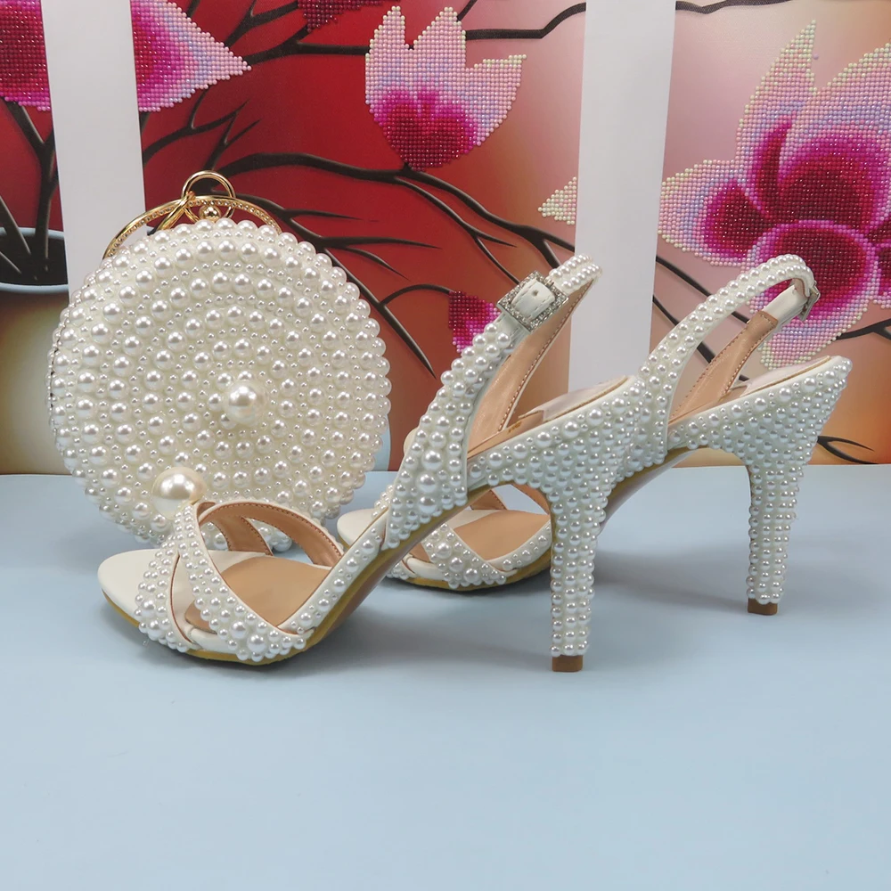 Summer New Arrival White Female Sandals Bridal shoes bag set woman Fashion Thin Heel Big Pearl Girls fashion Sandals party Shoes