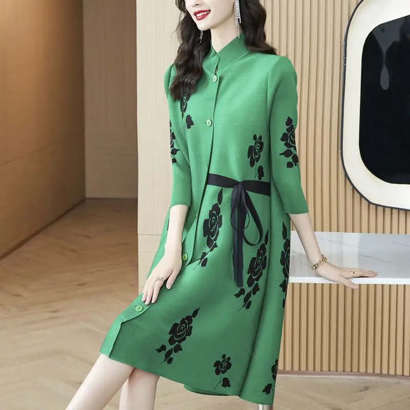 Fashion Miyake Pleated Print Coat Spring and Summer new Age-Reducing Lace-up fat mm Plus Size Women's Stand-up Cardigan Coat