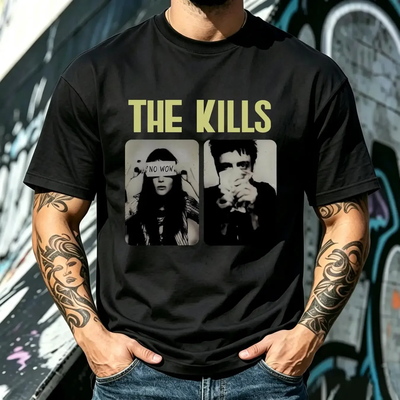 washed T Shirt THE KILLS band reprinted rock TE3180 vintage Washed Breathable Stylish homme Comfortable Casual Stretched