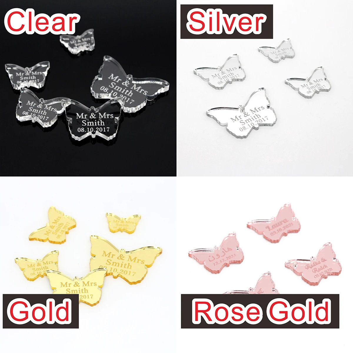 30/50/100pcs Personalized Acrylic Butterfly Custom Wedding Name Baby Baptism Mirror Silver Gold Engraved Tag Decoration Gift