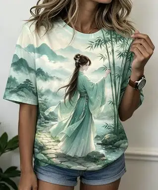 Women Crew Neck Short Sleeve T‑shirt Traditional Hanfu Lady Bamboo Mountain River Misty Chinese Landscape Art Print Casual  Tops