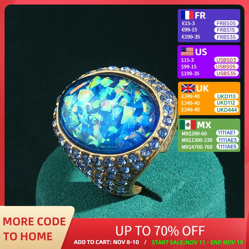 

Vintage Opal Ring Real Light Blue Rhinestone Woman Luxury Quality Jewelry Trends 2025 Valentine Day Gift Party Accessories
