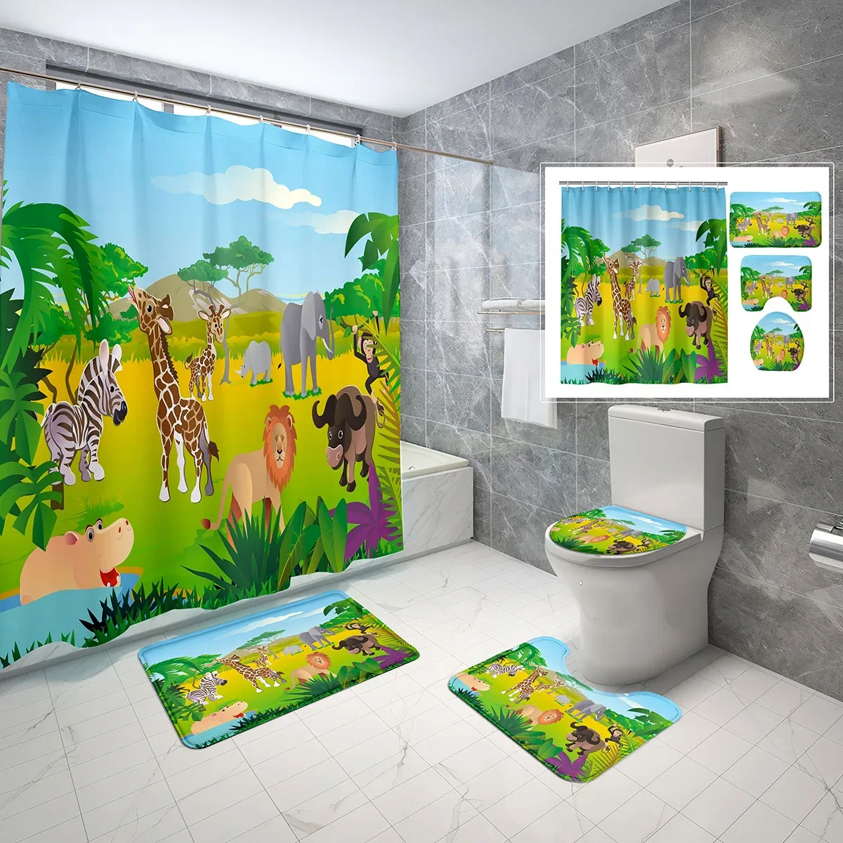 

4 Pcs Cartoon Zoo Shower Curtain Set Wild African Forest Animal Bathroom Decor Non-slip Bath Mat Waterproof Shower Curtain Set