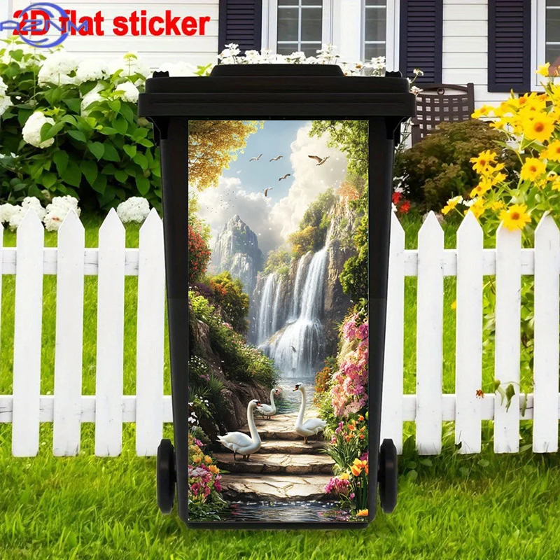 Serene Landscape Trash Can Stickers Painting, Elegant Swans Self-Adhesive Stickers, Waterfall Scenery Self-Adhesive Removable