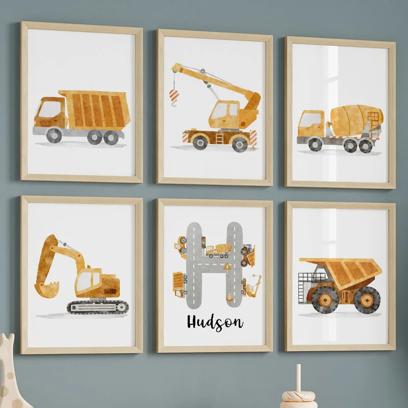 Cartoon Truck Excavator Crane Tank Car Traffic Wall Art Canvas Painting Nursery Posters and Prints Pictures Baby Kids Room Decor