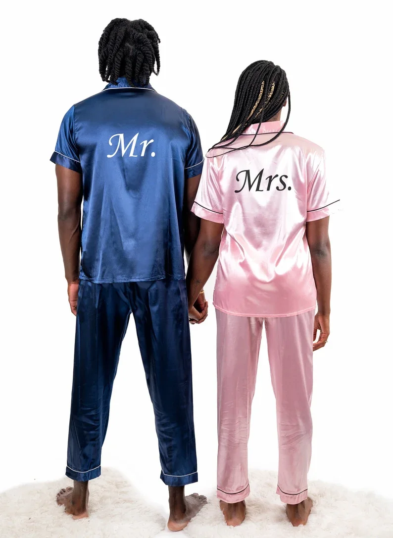 Custom Couple Satin Pajamas Bridal Shower Anniversary Gift Personalize Wedding Pajama Bride and Groom Short+Long Sleepwear Sets