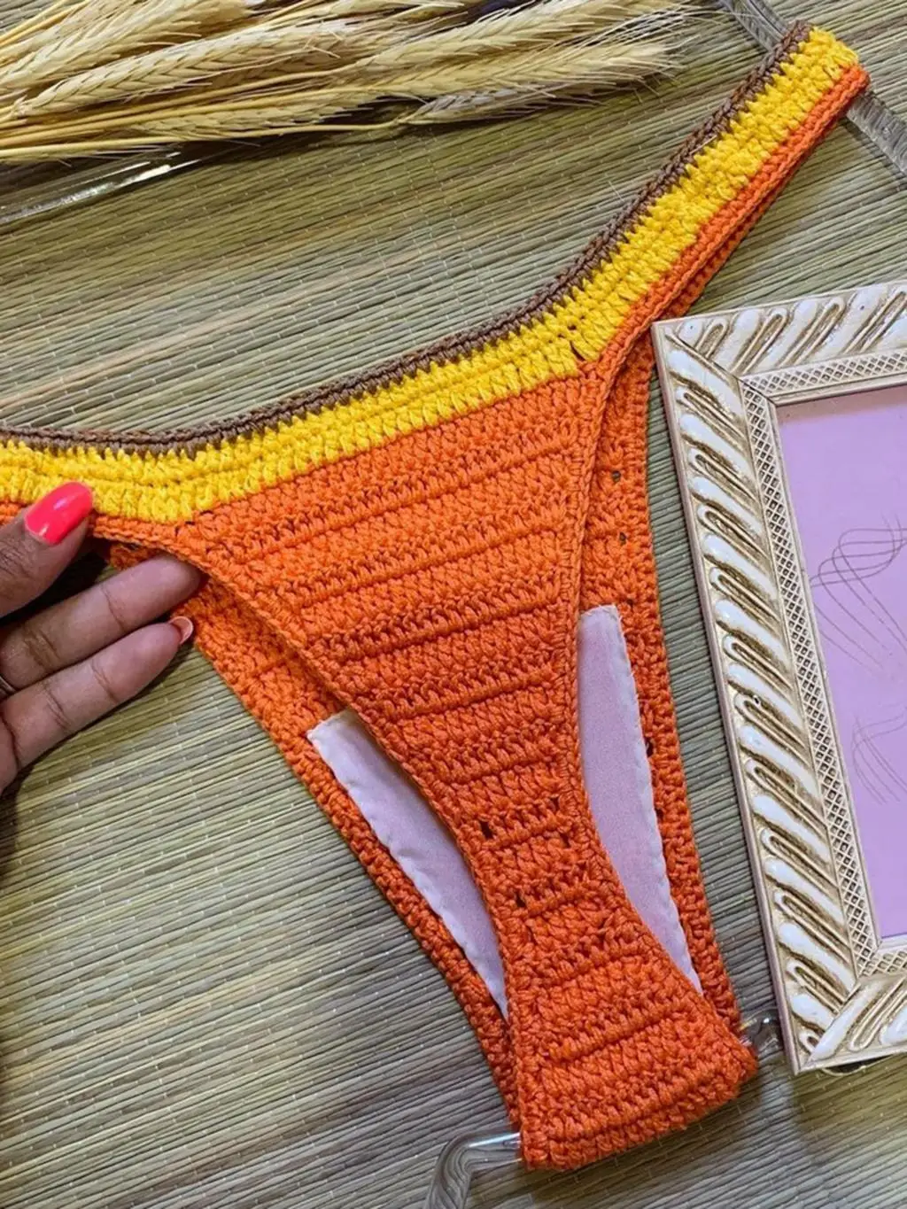 Women Crochet Bikini Sets Female Sexy Flower Swimsuit Adjustable Lace Up Top Swimwear Orange And Blue Color Boho Beachwear Swim