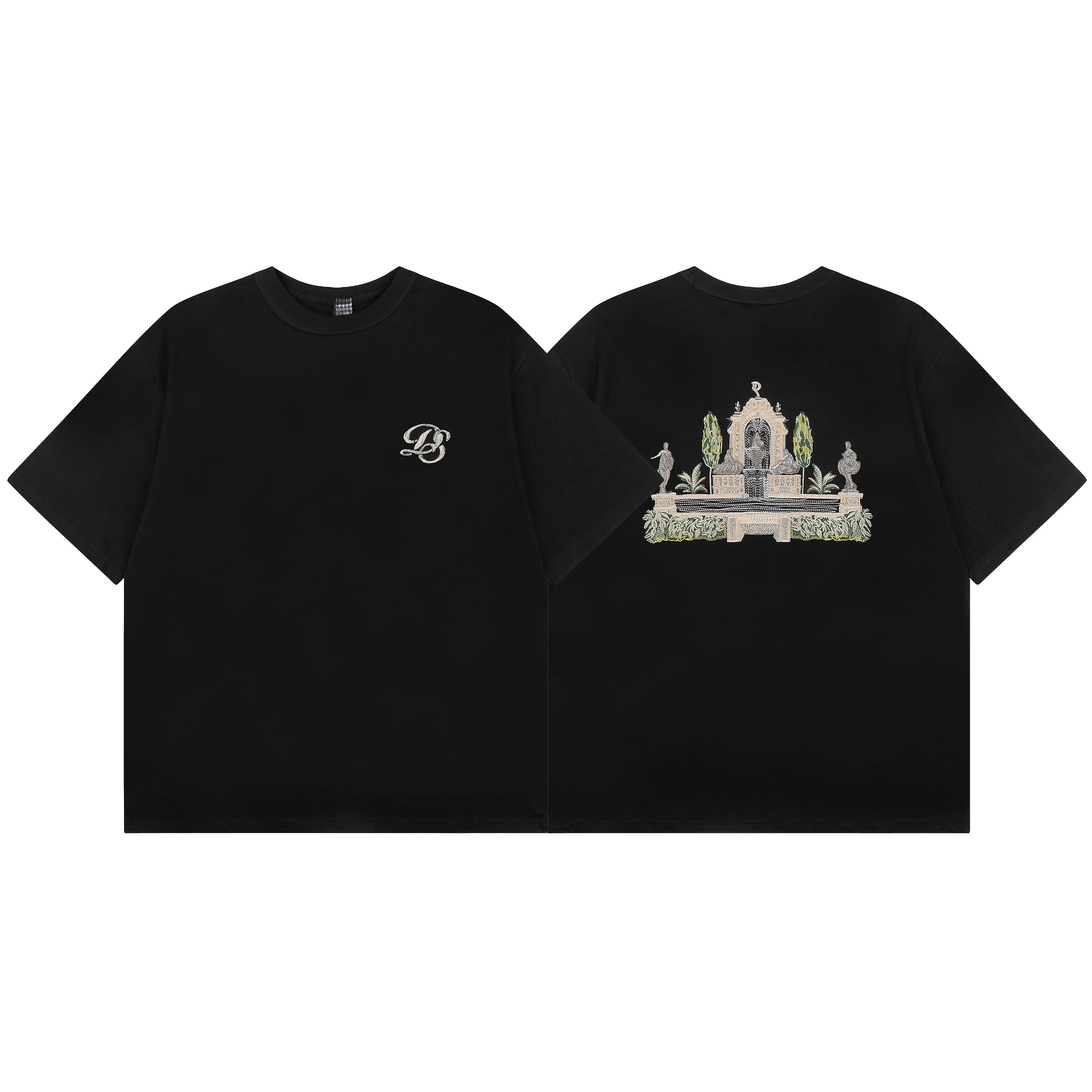 DERSCHUTZE American Castle Embroidery Trendy High Street Loose Men's Summer Pure Cotton Short Sleeve T-Shirt Citywalk Casual Top