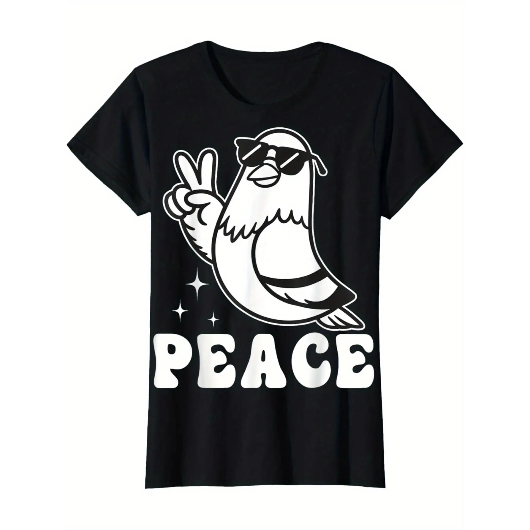 

Women's Casual Short Sleeve T-Shirt - Cool Peace Dove Cartoon Bird with Fashion Glasses & Peace Sign Graphic, Black with White