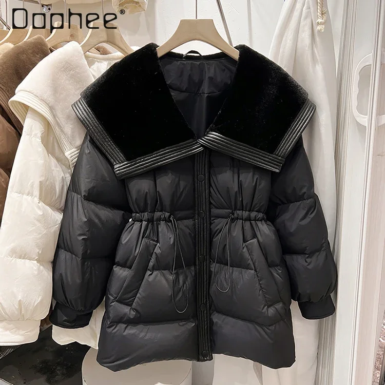 Velvet Large Lapel Down Jacket Drawstring Waist Single Breasted Mid Length Coats for Women Solid Color Slim Casual 2024 Winter