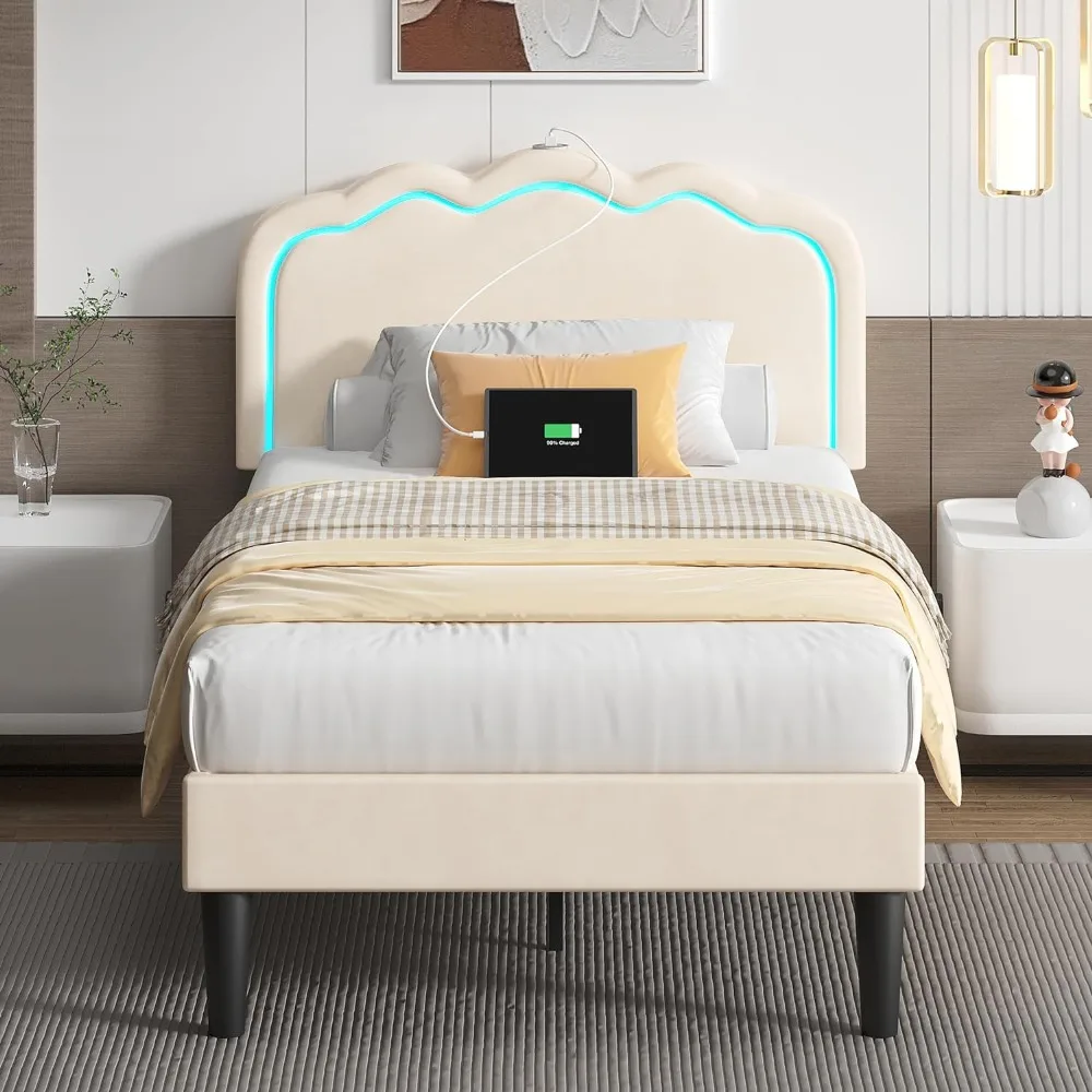 

Upholstered Twin Bed Frame with Headboard Adjustable, LED Lights, USB-A & Type-C, Velvet Platform Bed Noise Free