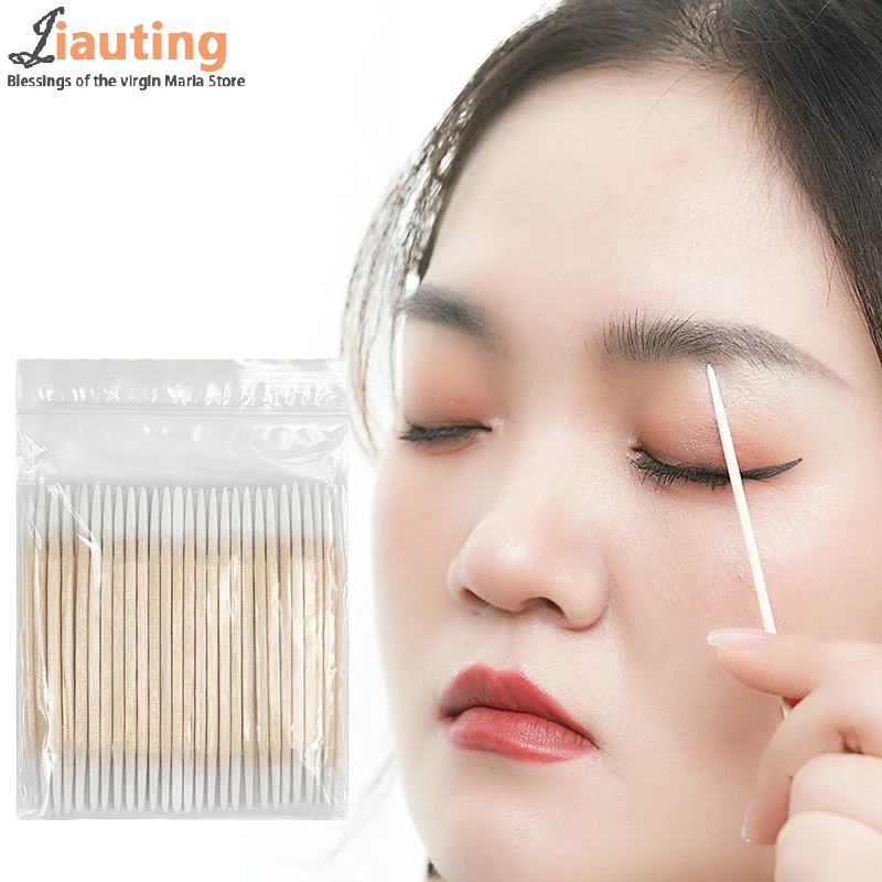 100Pcs Disposable Ultra-small Cotton Swab Brush Lint Free Micro Wood Makeup Brushes Eyelash Extension Glue Removing Tools