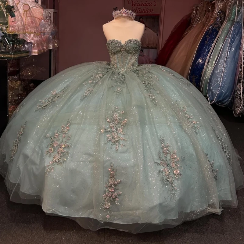 

Light Green Shiny Ball Gown Quinceanera Dresses Off The Shoulder Applique Lace Beads Tull Party Birthday Sweet 16 Dress Vestidos