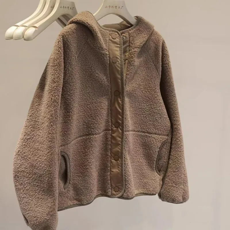 

2025 New Autumn Winter Loose Lamb Wool Hooded Women Fashion Single Breasted Solid Outerwears Casual Thick Warm Female Jacket