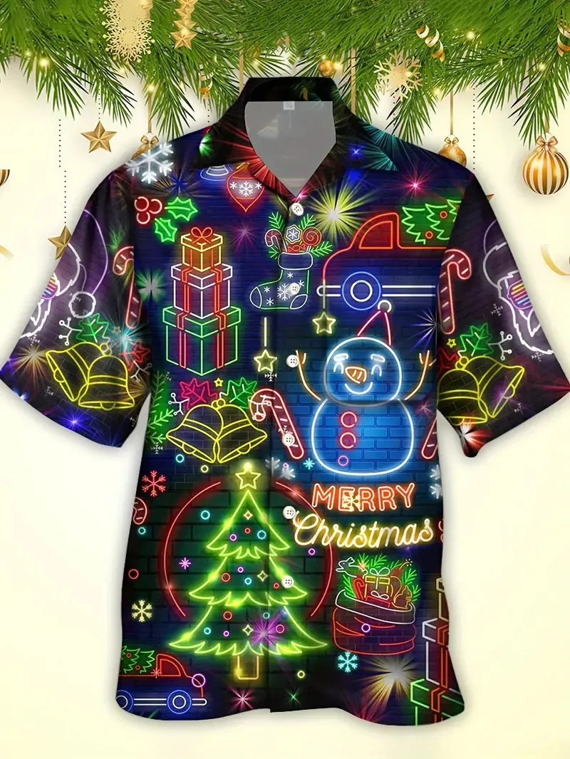 3Dフルプリント 面白いクリスマス柄 ハワイアンシャツ メンズ 半袖 ボタンダウン ラペル ビーチブラウス ユニセックス トップス ドロップシッピング
