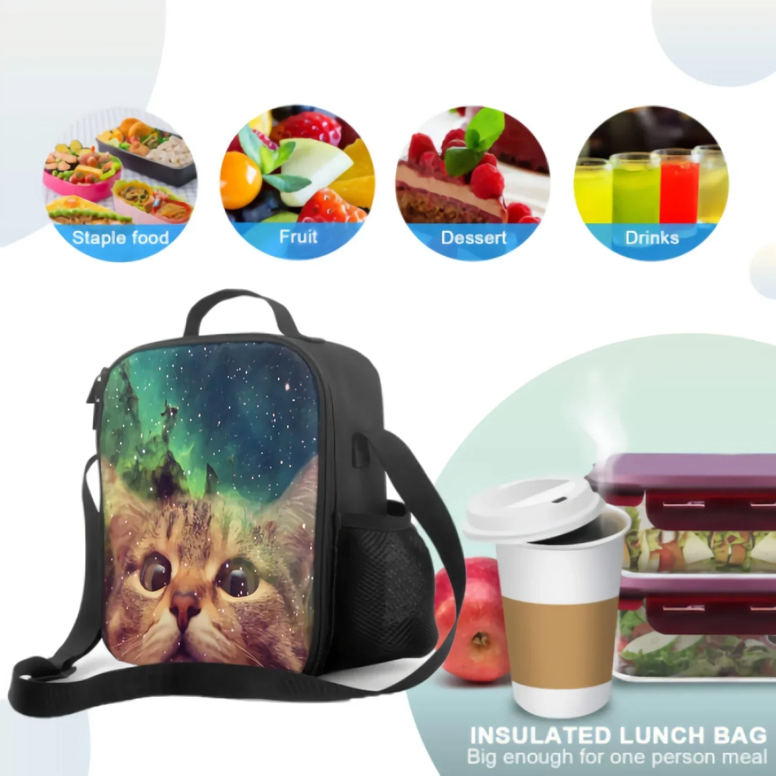 لطيف القط في المجرة السماء معزول حقيبة الغداء للعمل المدرسي نزهة رائعتين الحيوان نمط حمل حاويات الغداء حقيبة للحفاظ على البرودة
